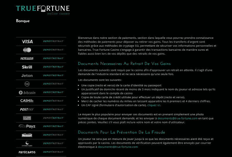 true fortune casino moyens de paiement