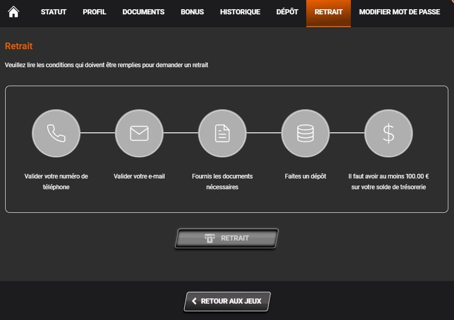 Options de retrait i24Slots Casino