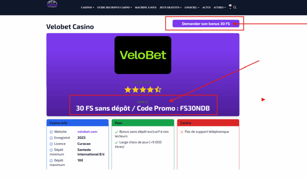 Formulaire inscription Velobet Casino