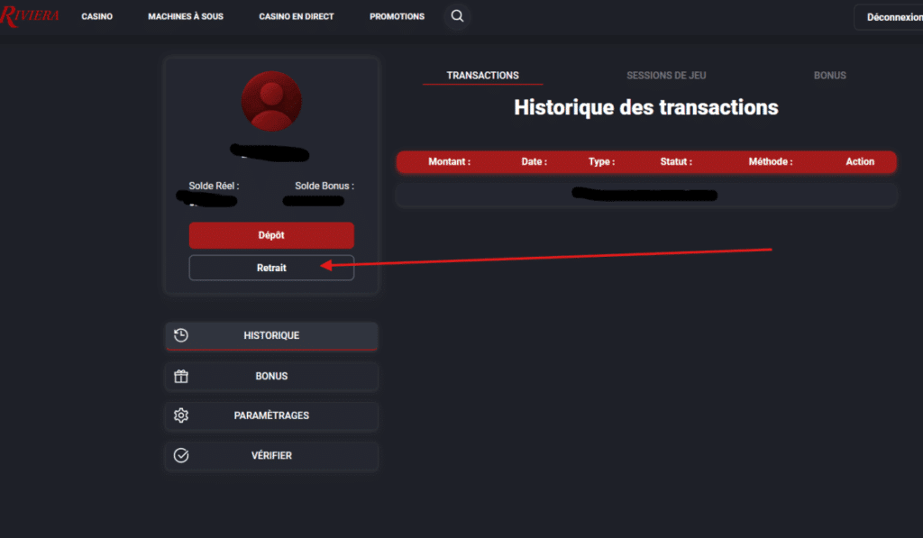 Processus de retrait La Riviera Casino