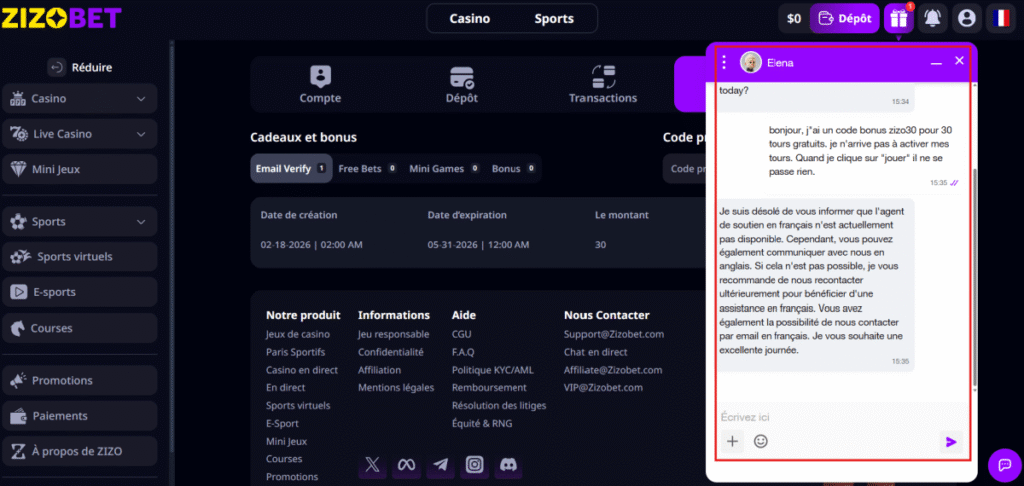Zizobet test support