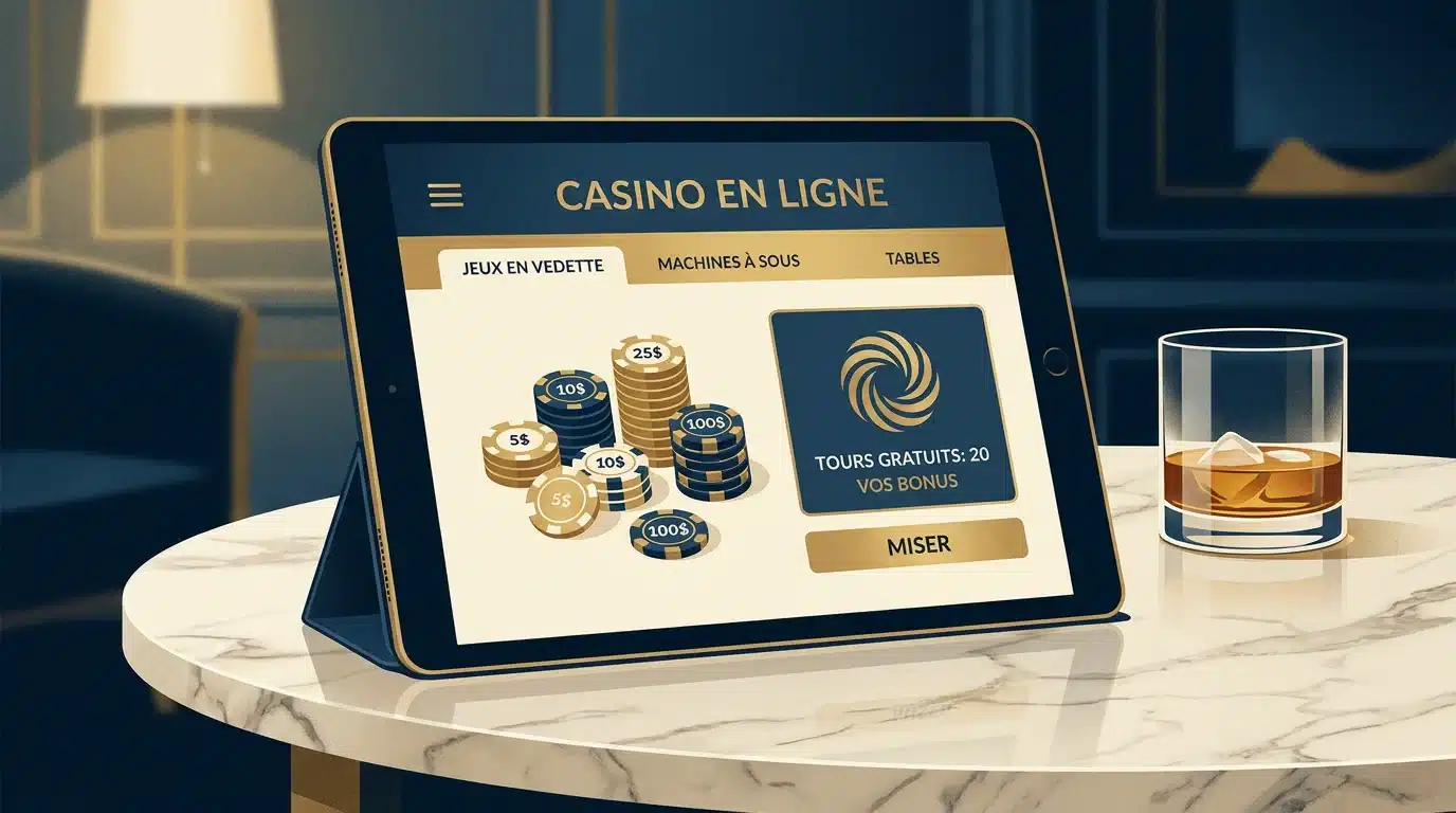 Interface de casino en ligne affichant des bonus sans dépôt sur tablette