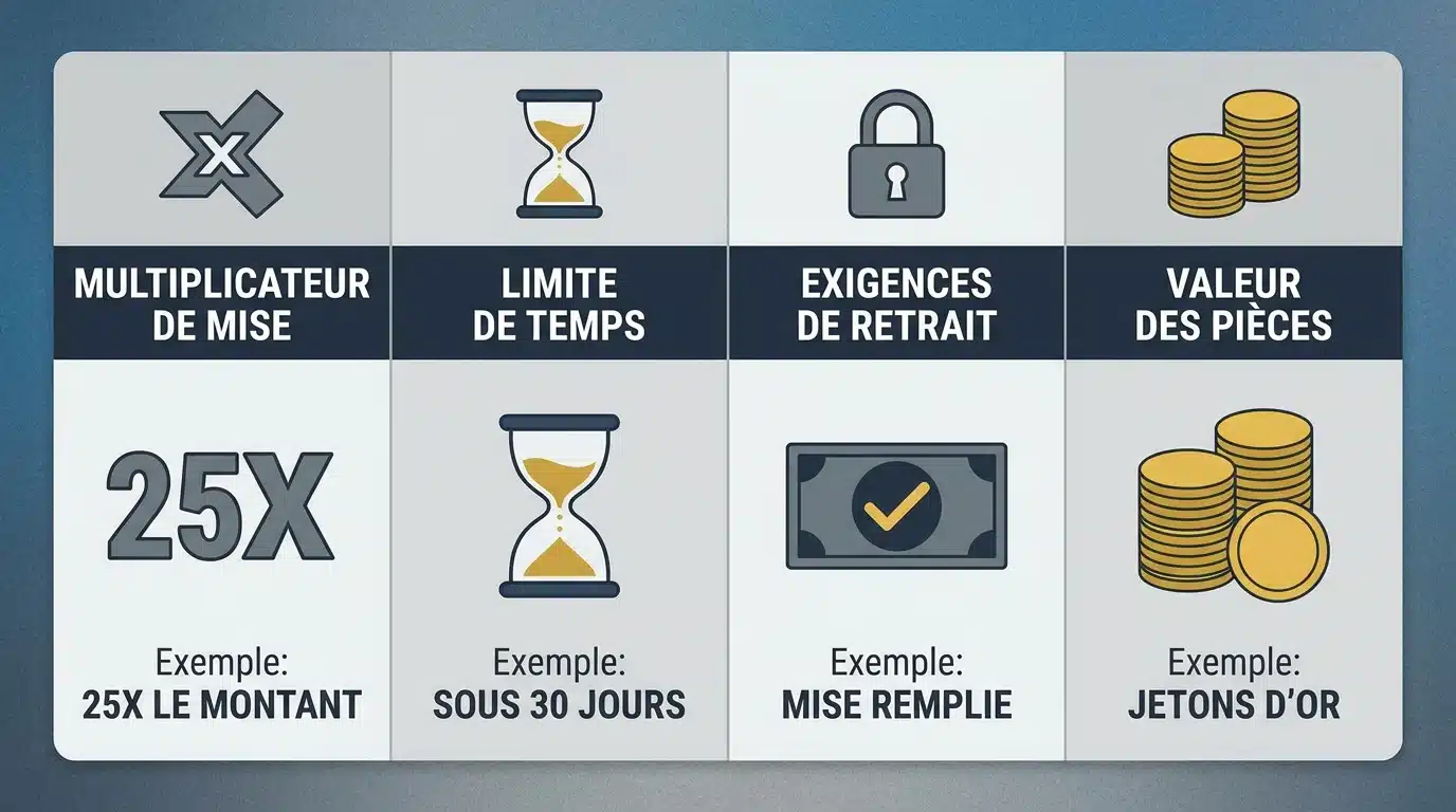 Infographie des conditions de mise pour les bonus sans dépôt au Canada