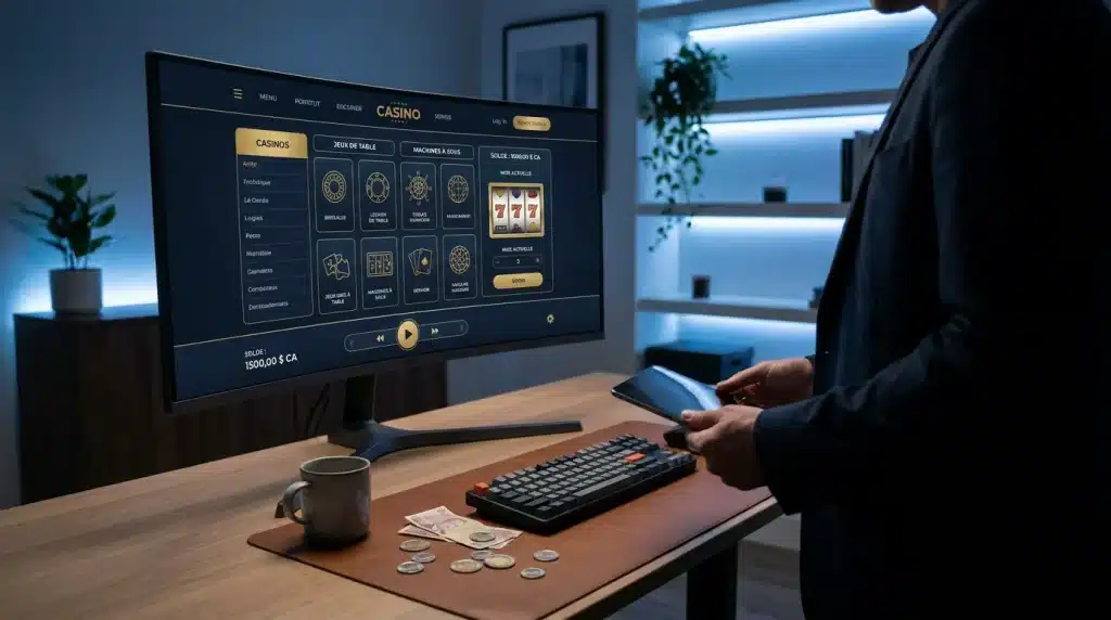 Bureau moderne avec écran affichant une interface de casino en ligne et pièces canadiennes