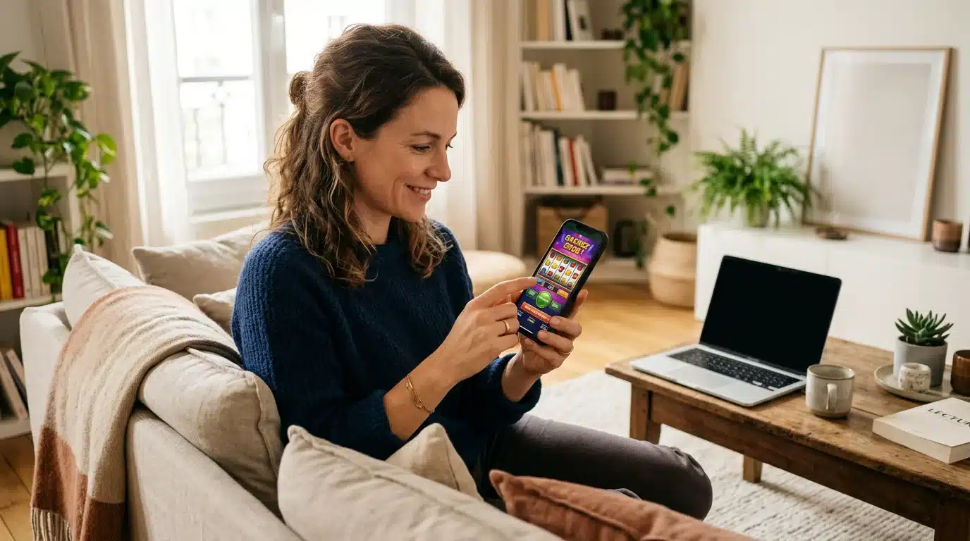 Joueur testant une machine à sous gratuite dans son navigateur mobile à la maison