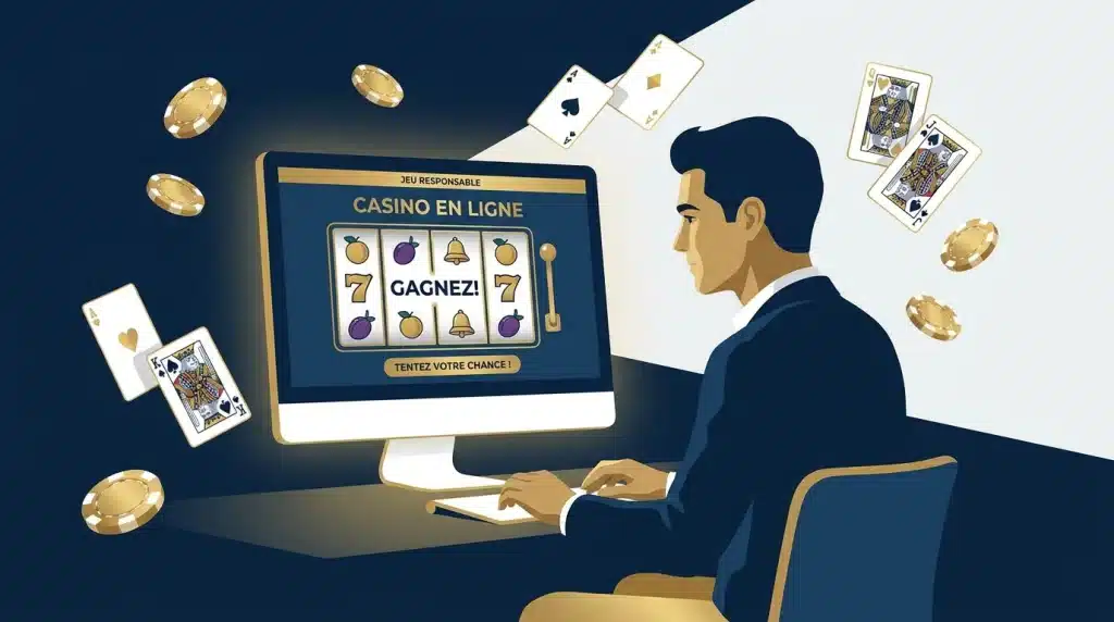 Joueur devant un écran de casino en ligne avec jetons et cartes à jouer