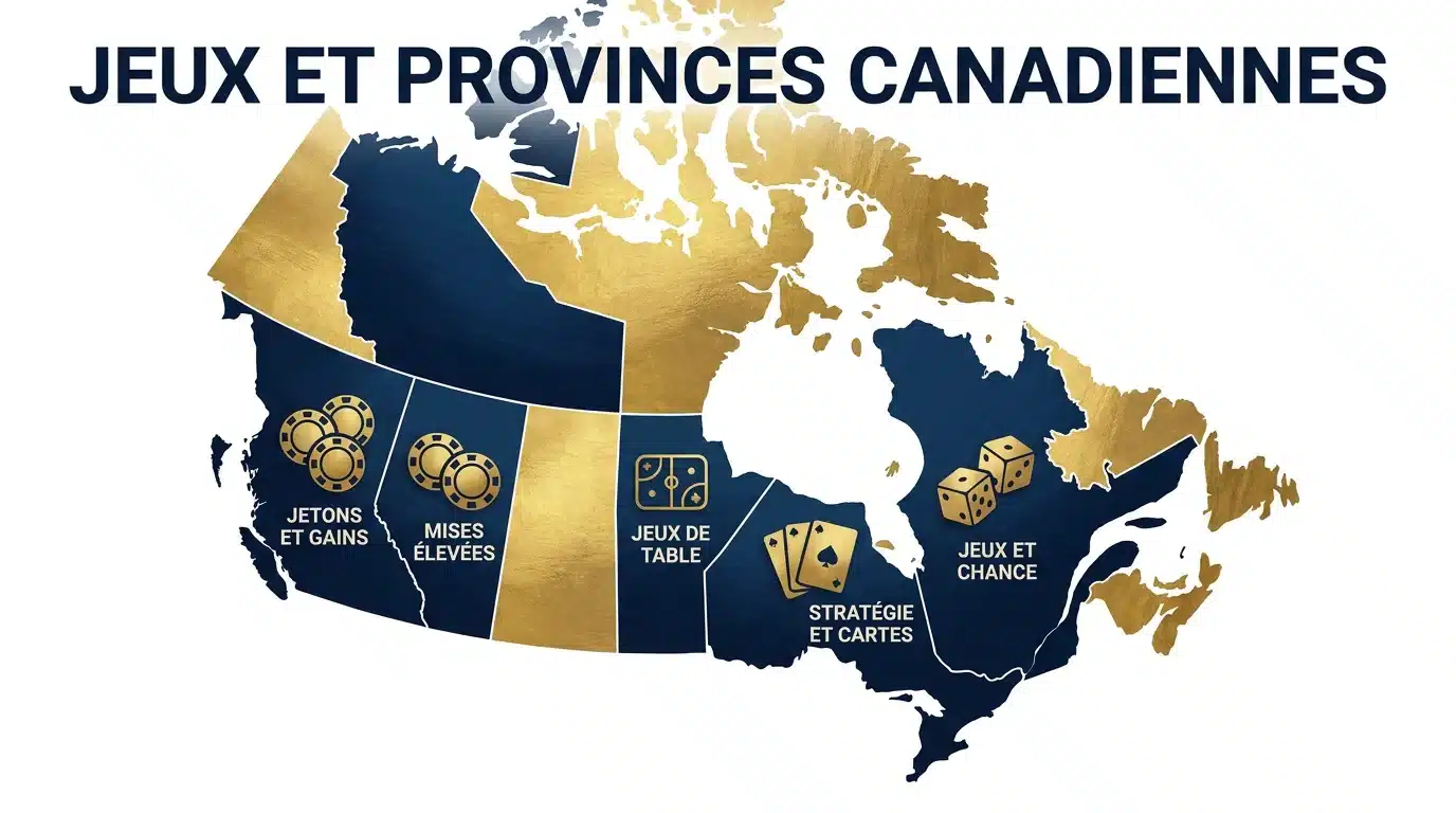 Carte du Canada avec icônes de jeux de casino réparties sur les provinces