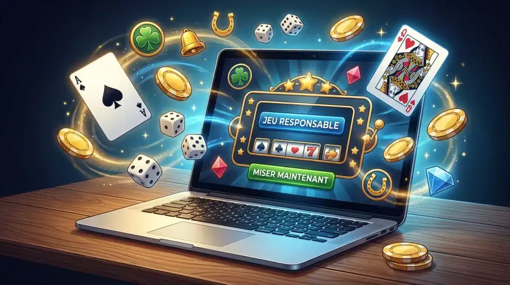 Illustration d'un ordinateur affichant des jeux de casino en ligne avec bonus