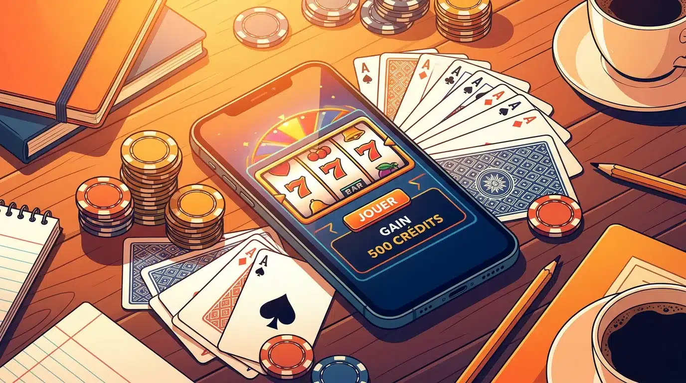 Téléphone intelligent affichant une machine à sous gratuite avec jetons de casino