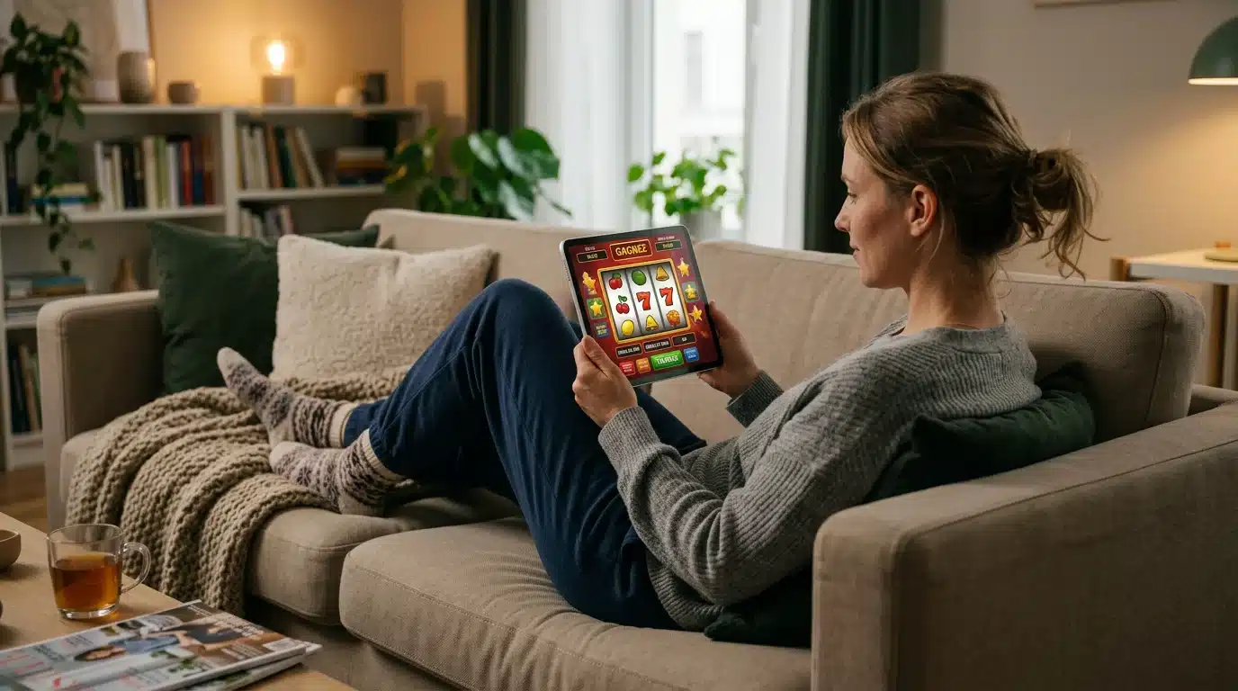 Une personne testant un jeu de machine à sous gratuit sur une tablette à la maison