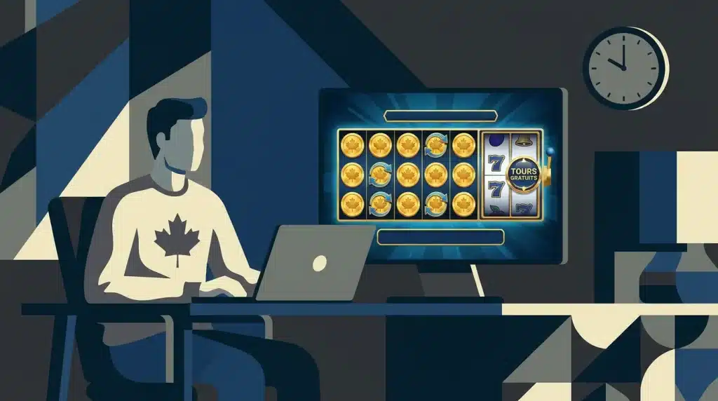 Joueur canadien devant un écran de casino en ligne avec des symboles de tours gratuits et de pièces dorées