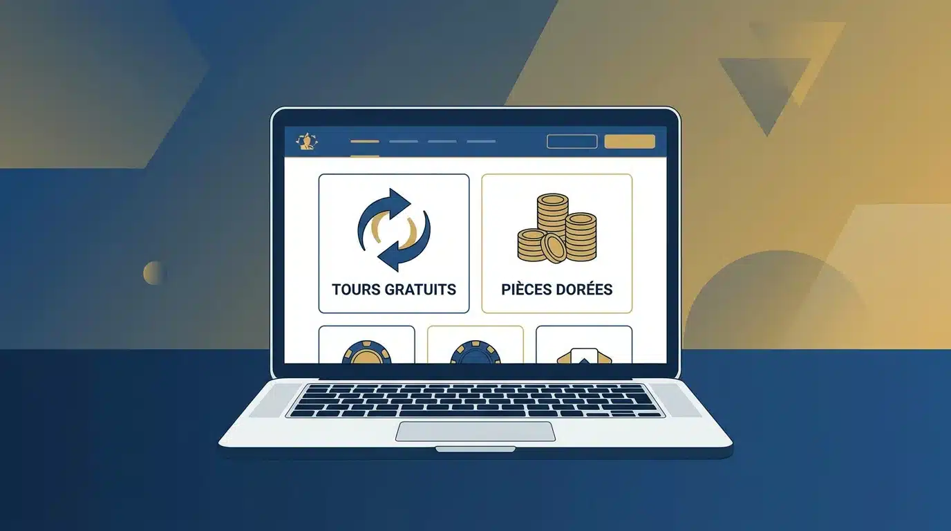 Écran d'ordinateur affichant une interface de casino en ligne avec des tours gratuits et des pièces dorées