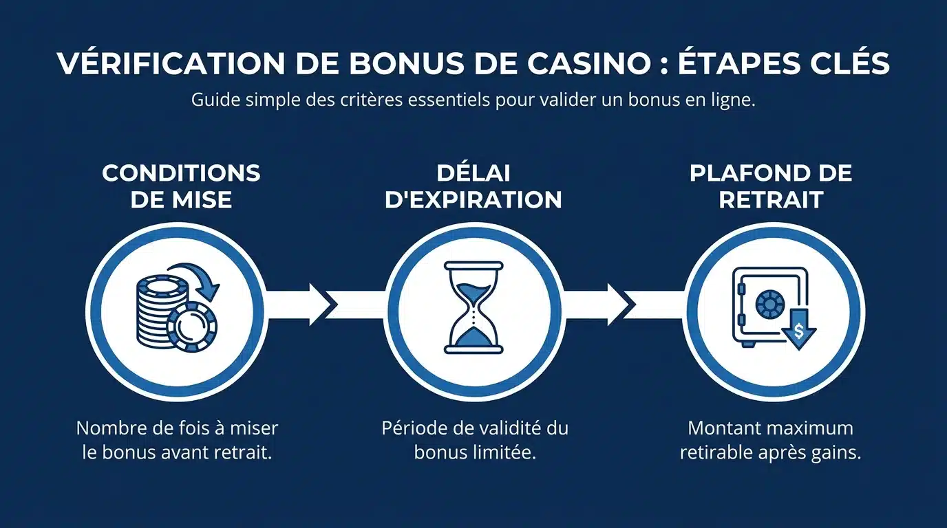 Infographie illustrant les conditions de mise, le délai d'expiration et le plafond de retrait d'un bonus sans dépôt