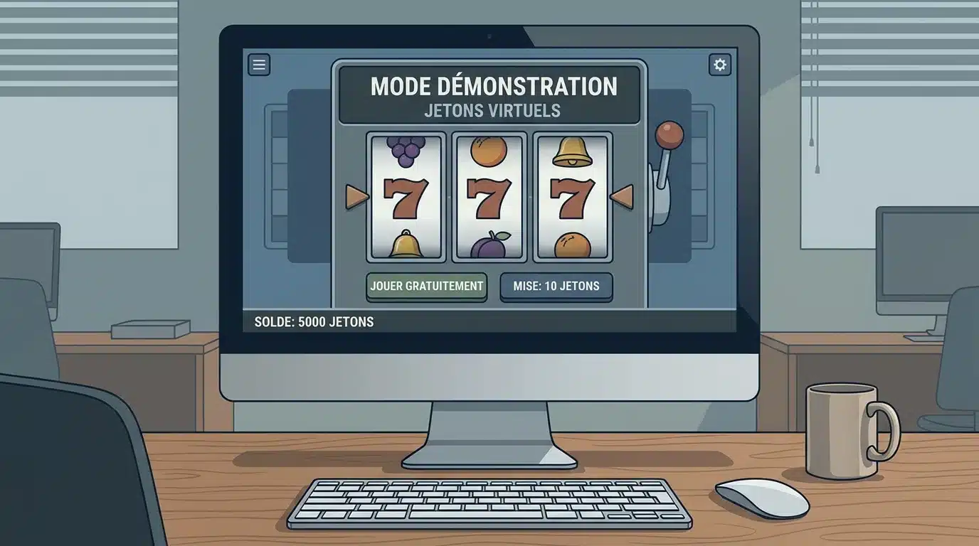 Écran d'ordinateur affichant une machine à sous gratuite en mode démonstration