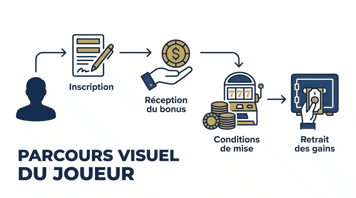 Infographie des étapes pour utiliser un bonus de casino sans dépôt au Canada