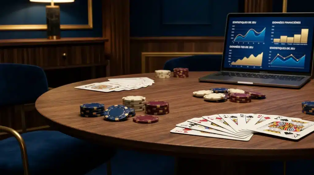 Table de casino élégante avec jetons et ordinateur affichant des offres de bonus en ligne