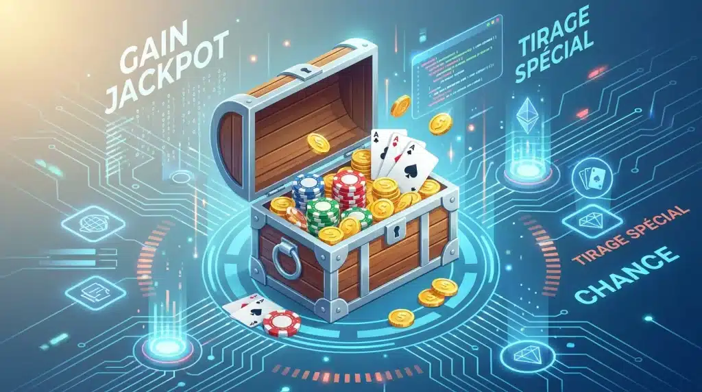 Coffre au trésor numérique avec des jetons de casino et des bonus de jeu en ligne