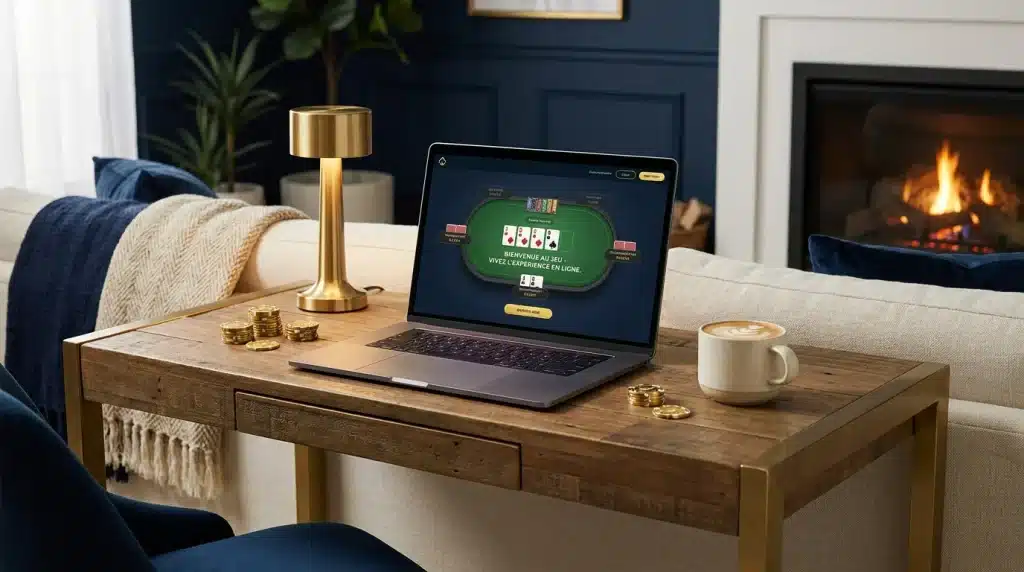 Ambiance de jeu en ligne avec ordinateur portable et jetons de casino dorés