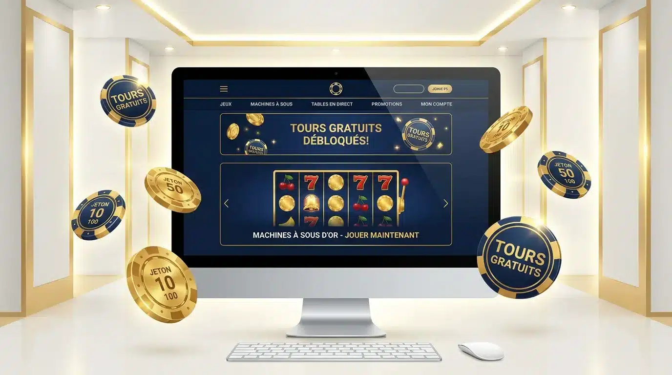 Interface de casino en ligne avec bonus sans dépôt et jetons dorés