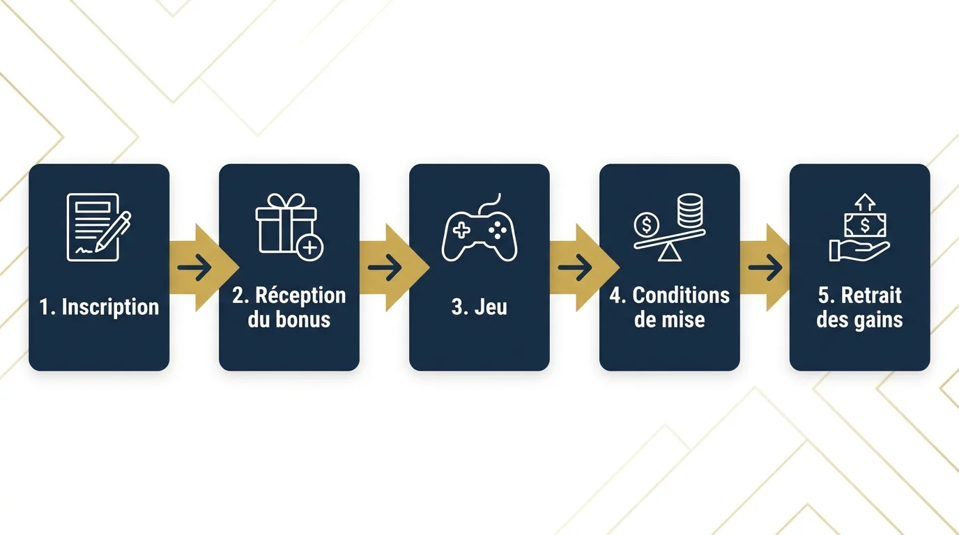 Infographie du parcours d'utilisation d'un bonus sans dépôt au casino