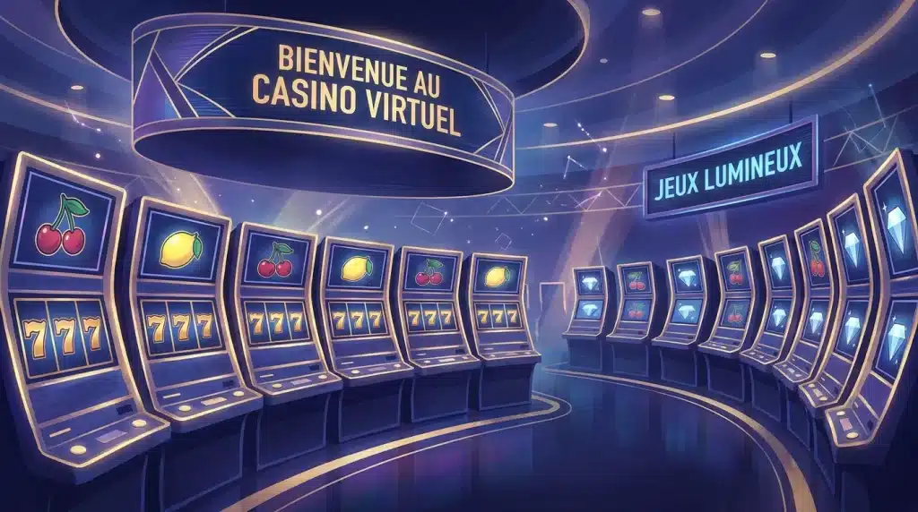 Salle de casino virtuelle avec des machines à sous colorées et lumineuses