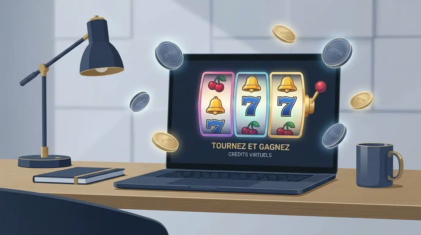 Écran d'ordinateur affichant une machine à sous gratuite en ligne avec des symboles colorés
