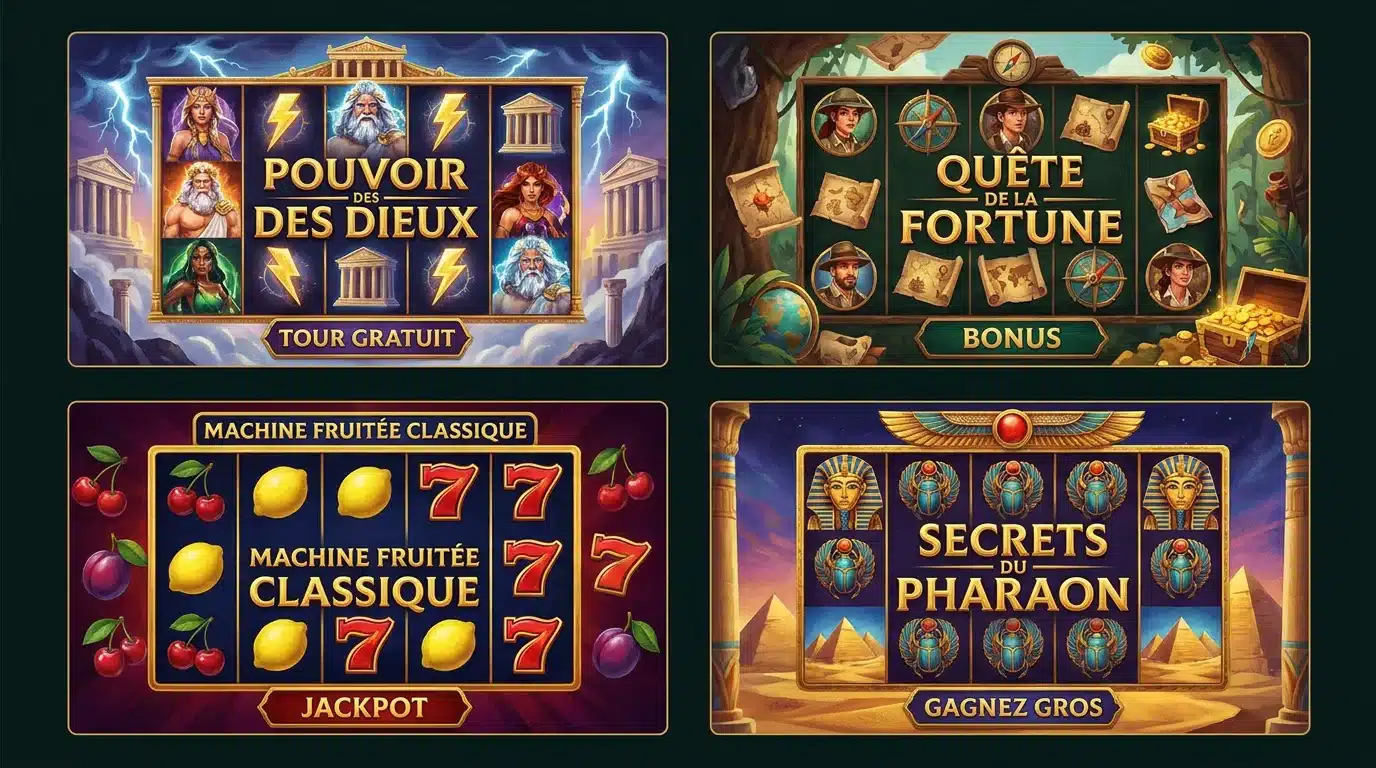 Quatre écrans de machines à sous gratuites présentant des thèmes variés comme la mythologie et l'aventure