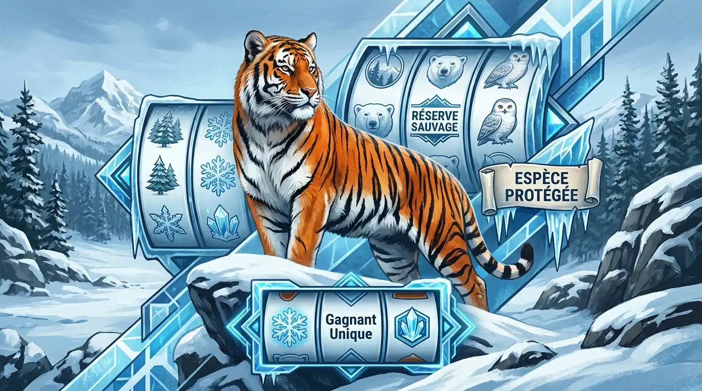 Illustration d'un tigre de Sibérie et de rouleaux de machine à sous dans un décor enneigé