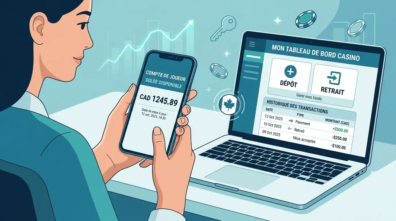 Tableau de bord affichant le solde d'un compte joueur de casino en dollars canadiens