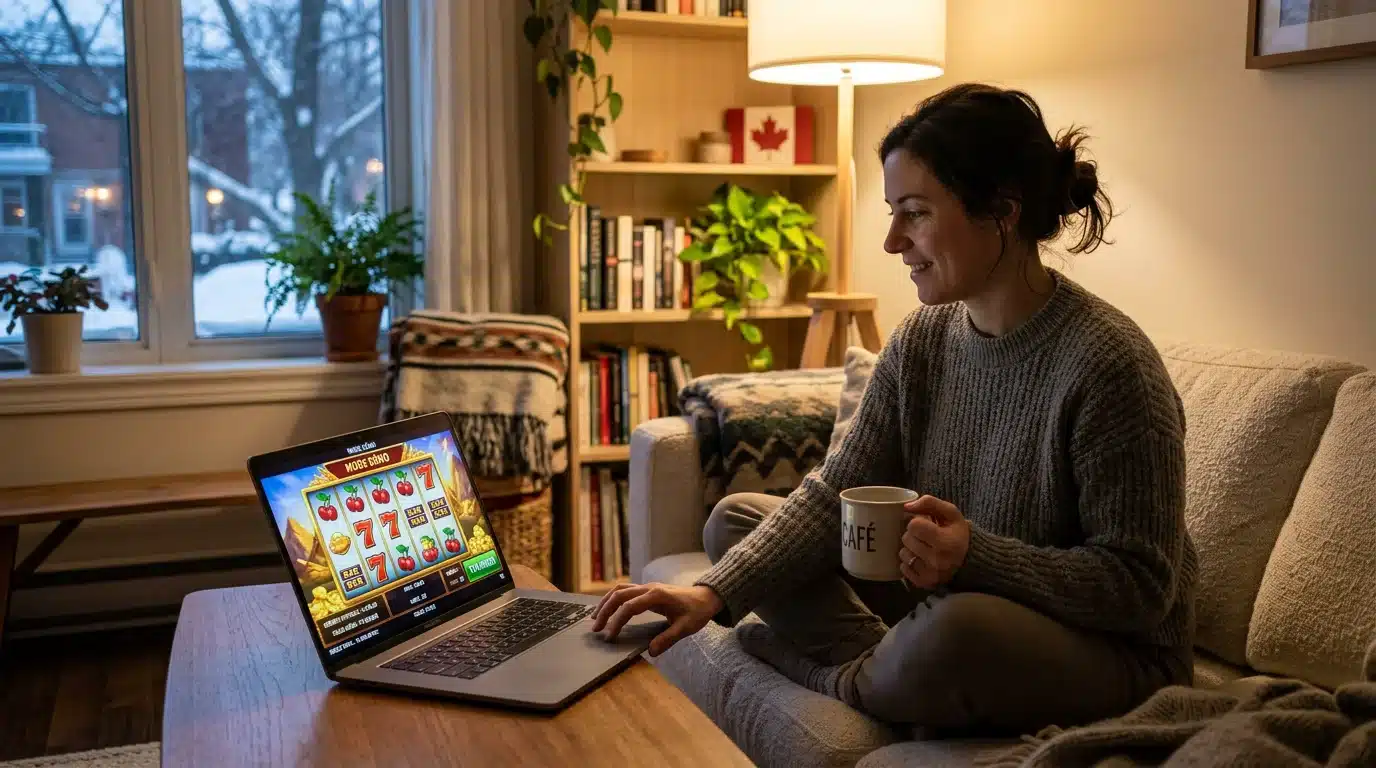 Joueur testant une machine à sous en mode démo sur un ordinateur portable