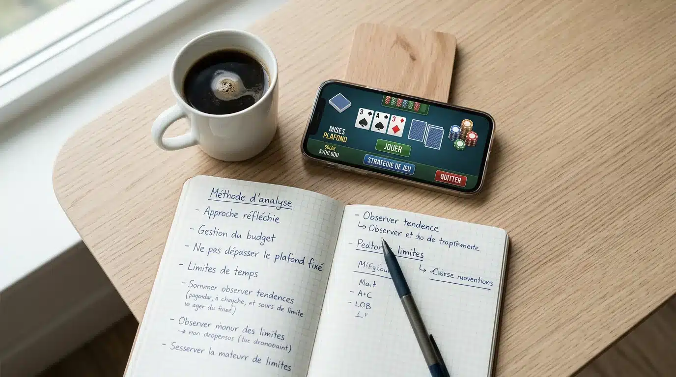 Smartphone affichant un jeu de casino à côté de notes de stratégie