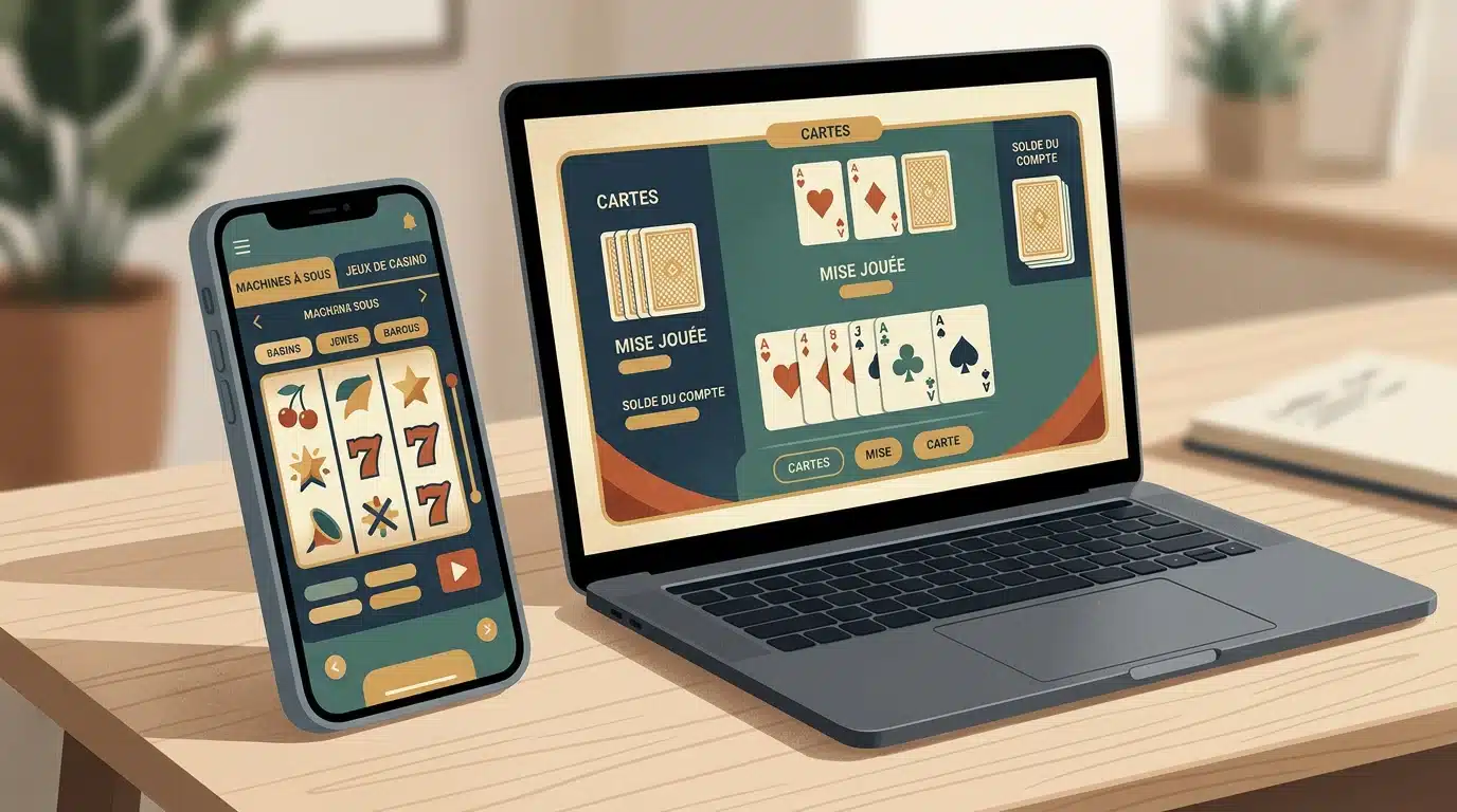 Machines à sous et jeux de casino affichés sur un ordinateur portable et un smartphone
