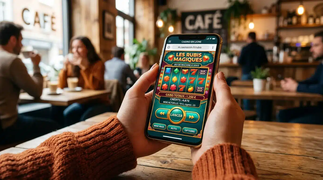 Personne jouant à une machine à sous gratuite sur smartphone dans un café