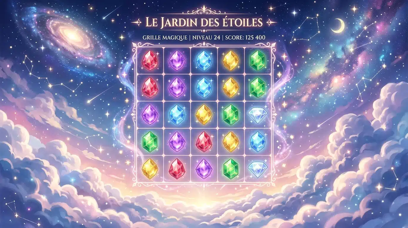 Grille de gemmes colorées d'une machine à sous féerique dans un ciel étoilé