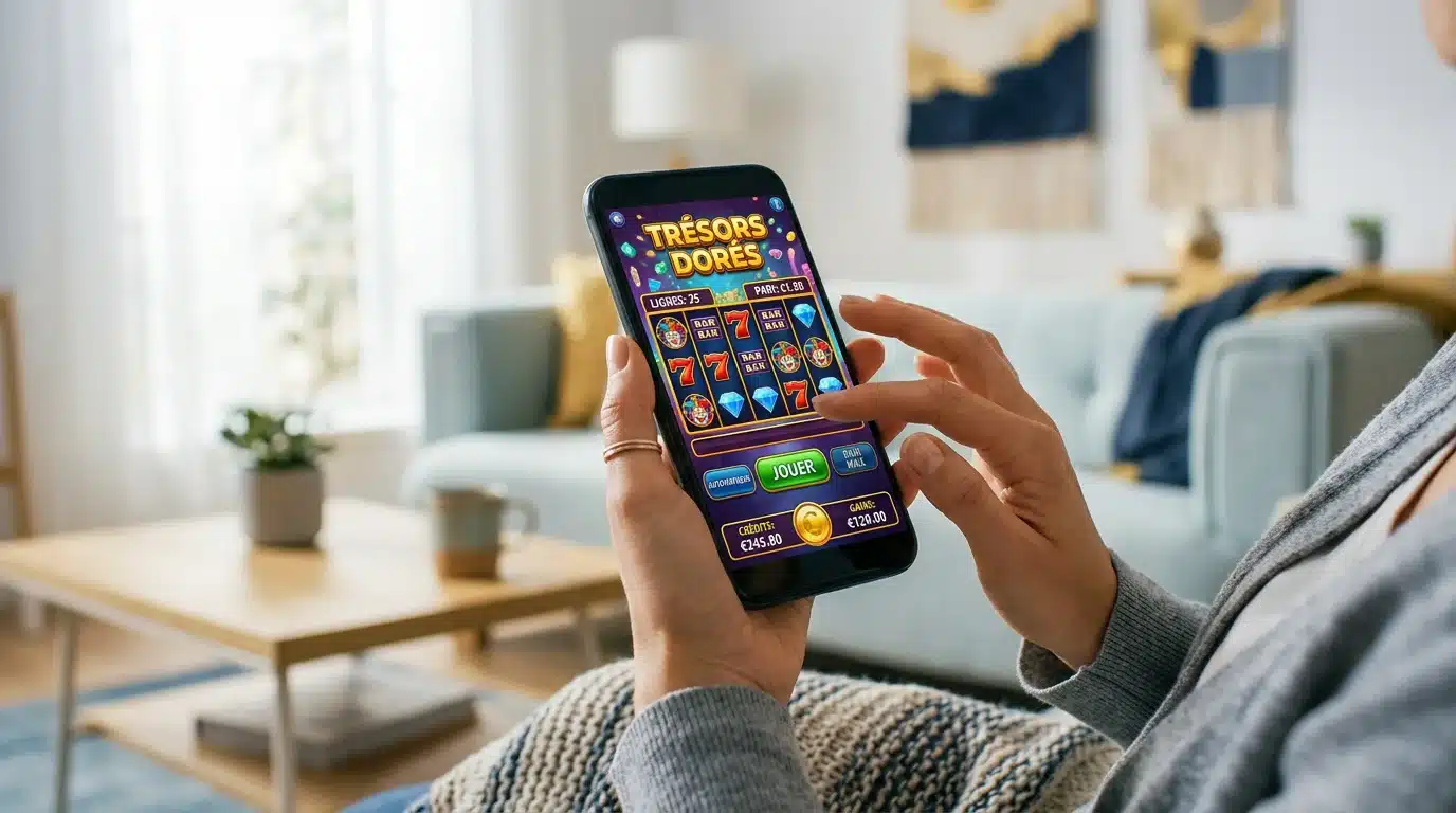 Personne jouant à une machine à sous gratuite sur smartphone dans son salon