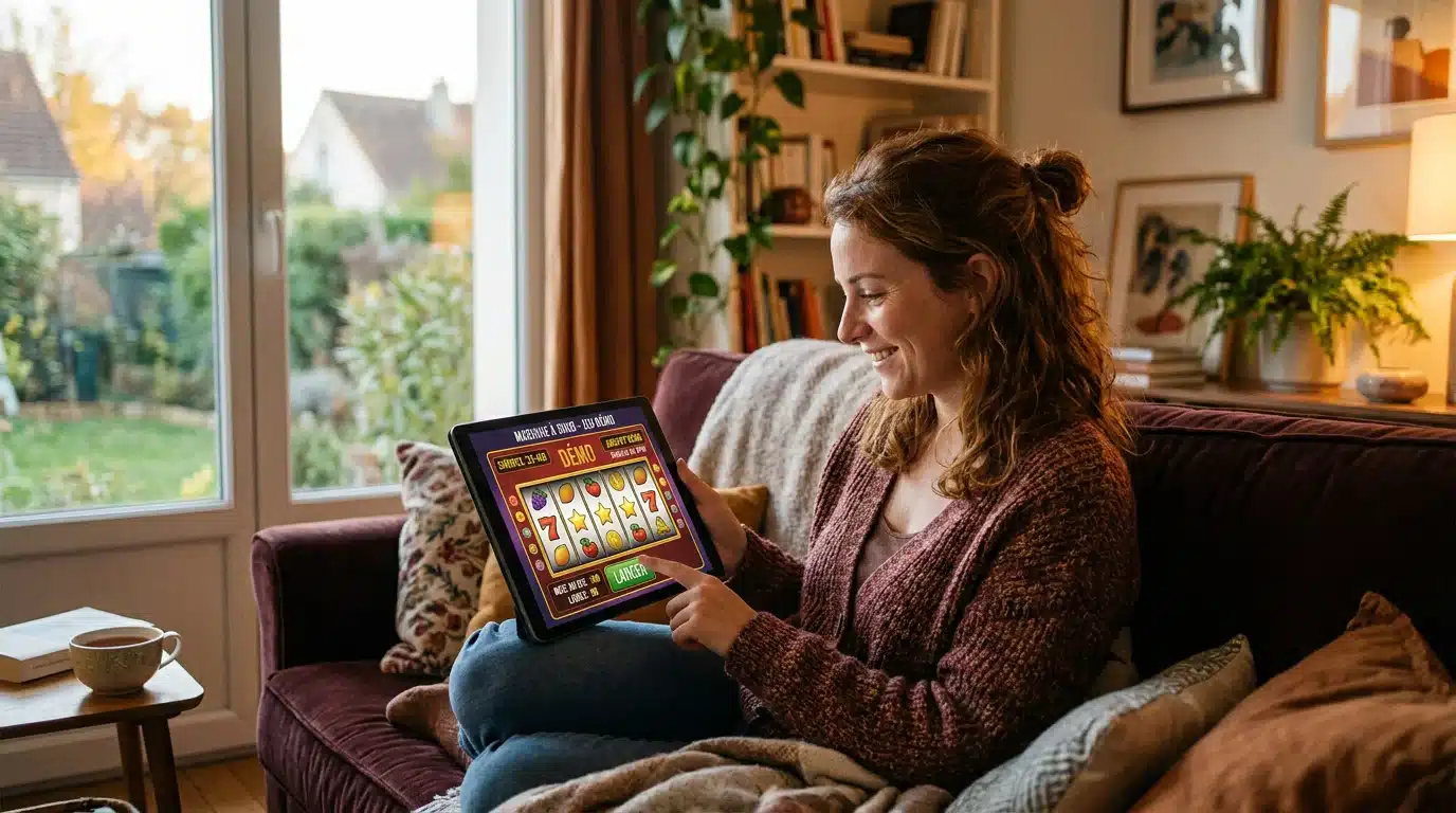 Personne jouant à une machine à sous en mode démo sur tablette à la maison
