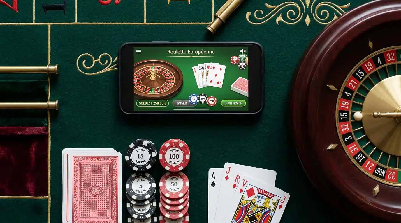 Jeux de table de casino et smartphone disposés sur un tapis vert