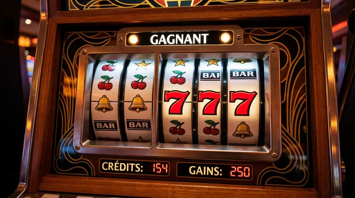 Rouleaux d'une machine à sous 777 classique avec triples sept et fruits