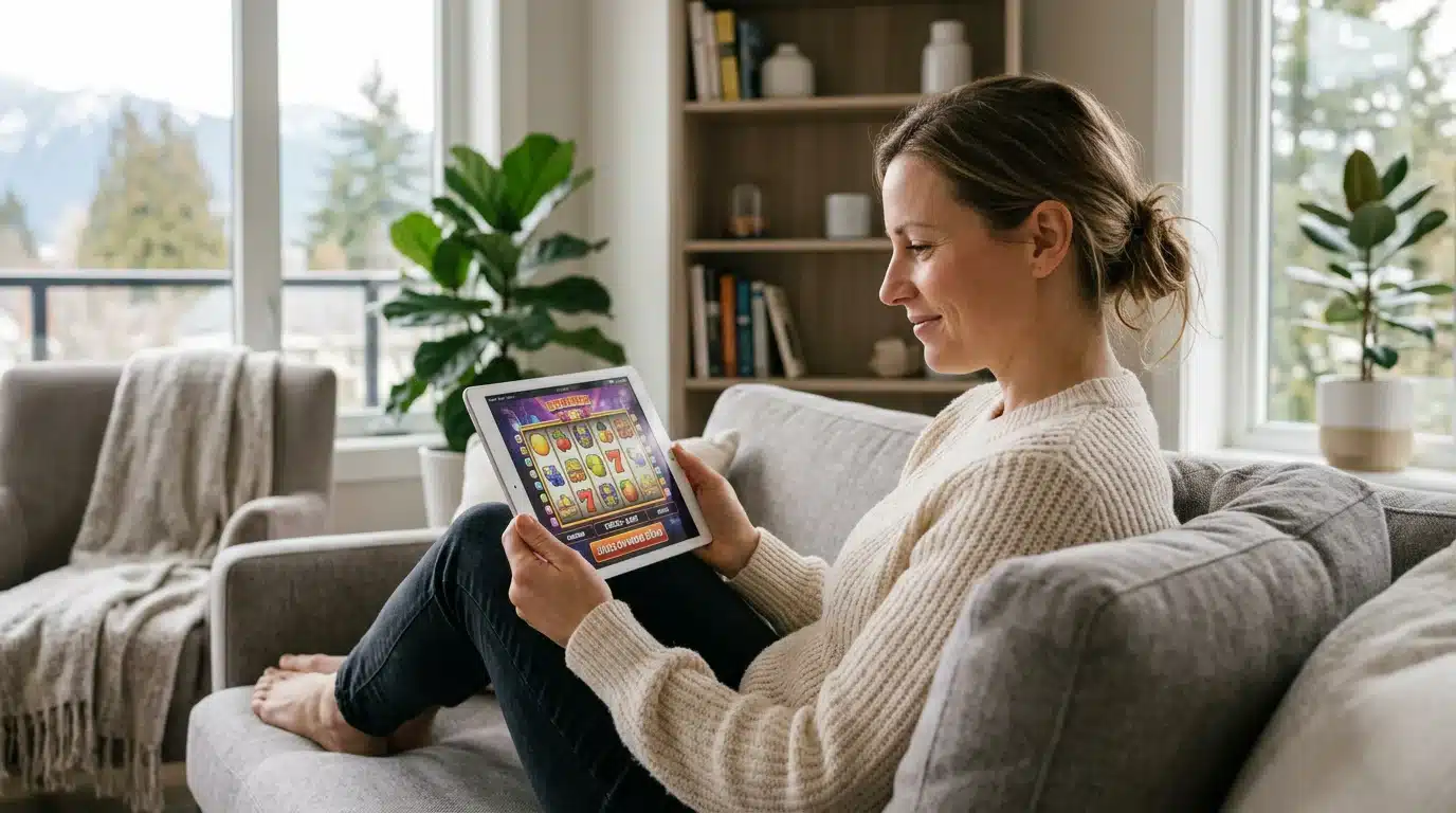 Personne jouant à une machine à sous en mode démo sur une tablette