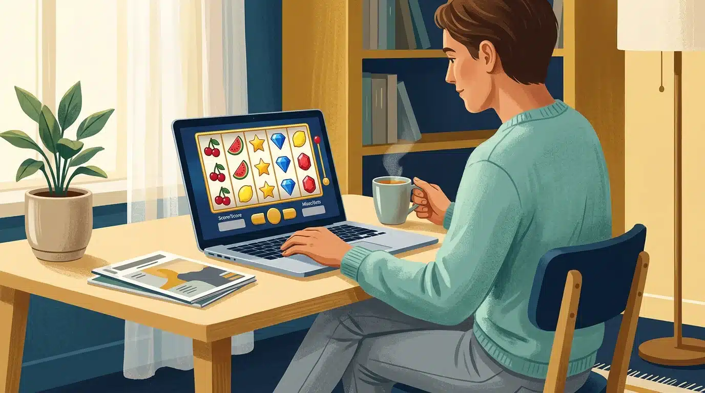 Personne jouant à une machine à sous gratuite en mode démo sur un ordinateur portable