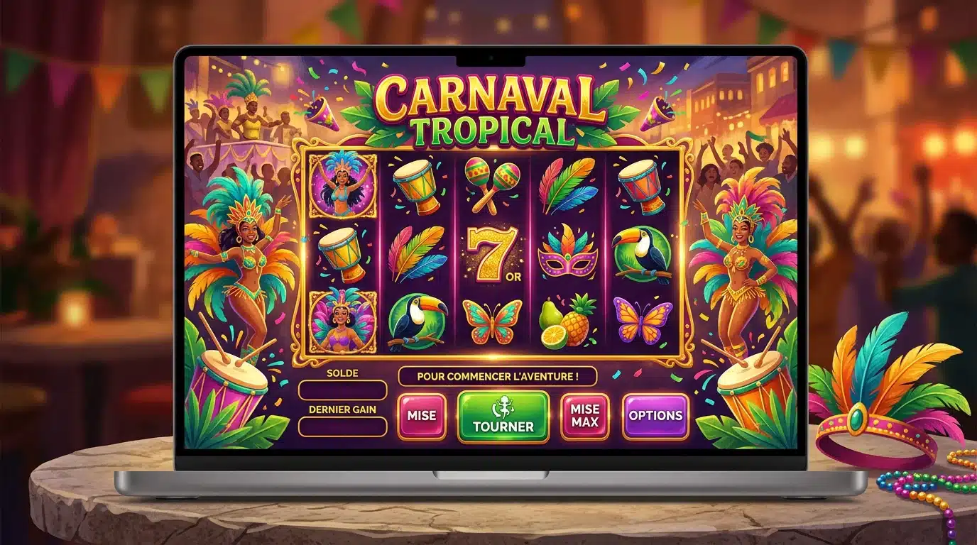 Illustration d'une machine à sous sur le thème du carnaval brésilien affichée sur un ordinateur portable