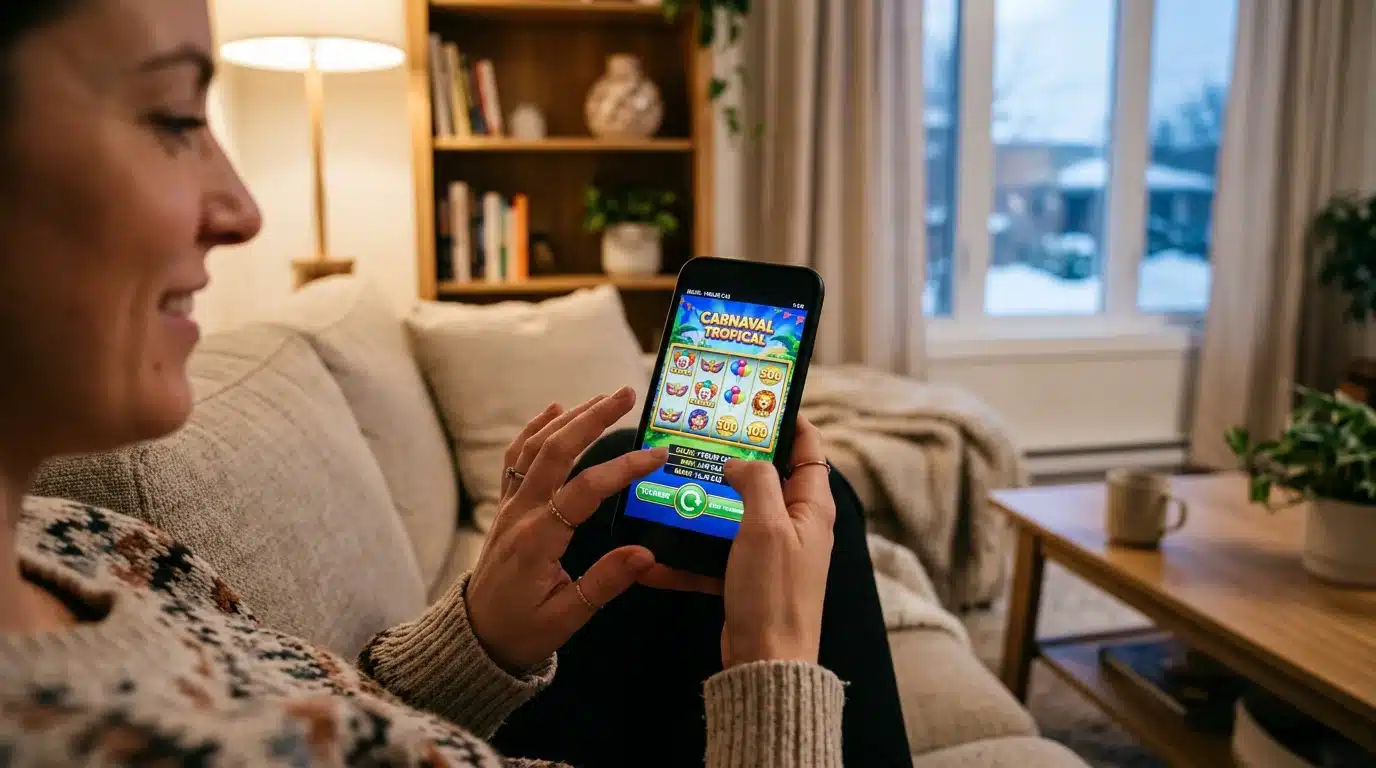 Personne jouant à une machine à sous sur le thème du carnaval sur son smartphone