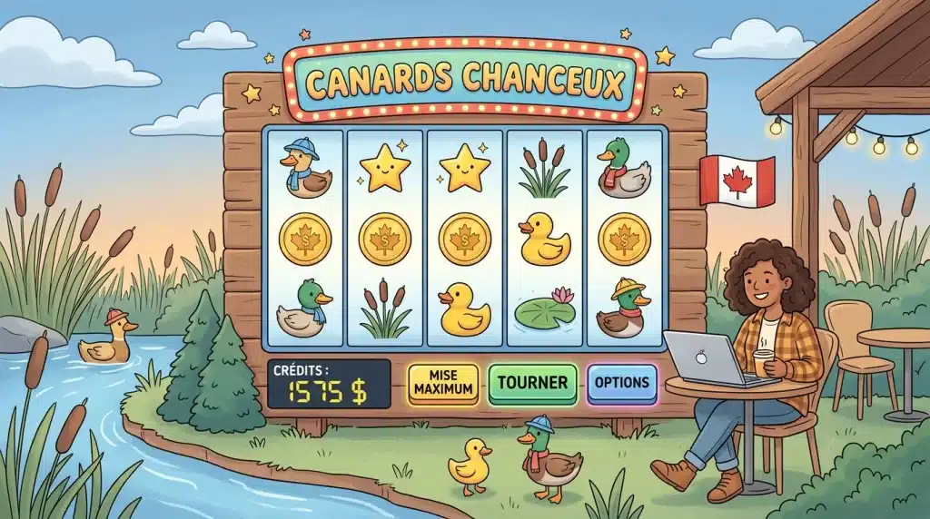 Machine à sous en ligne à thème de canards colorés avec rouleaux et symboles ludiques