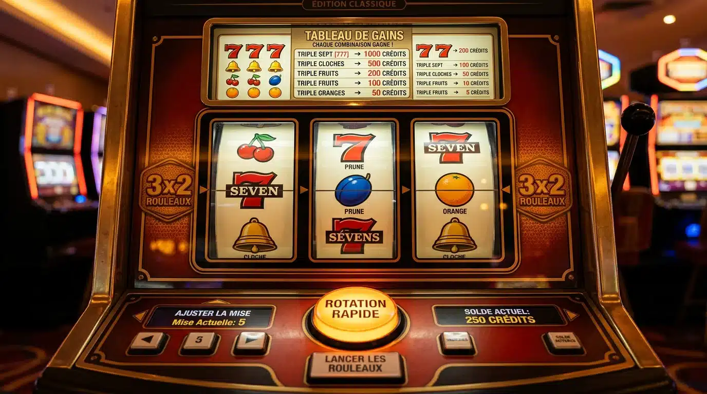 Interface d'une machine à sous 777 classique avec bouton de rotation rapide