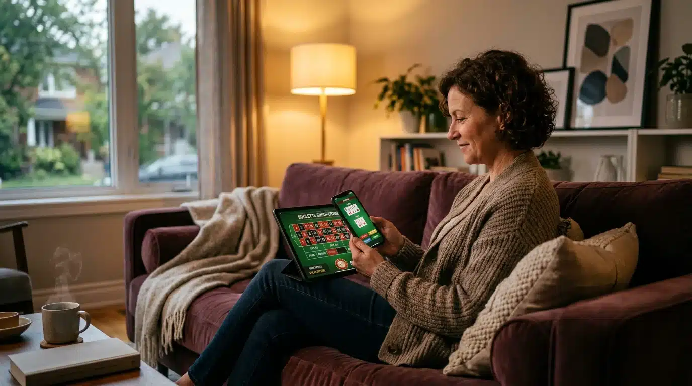 Joueur testant des jeux de casino gratuits sur tablette et smartphone