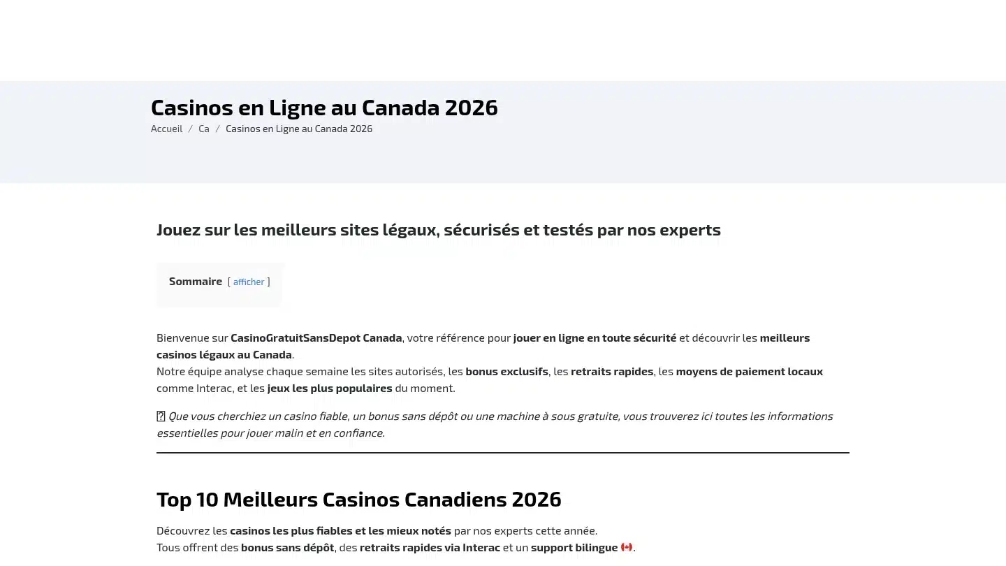 Capture de la page d’accueil de Casino Gratuit Sans Dépot
