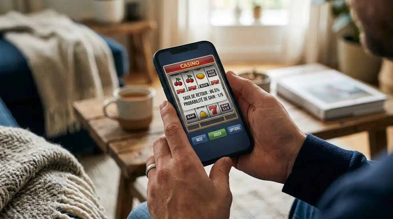 Une personne consulte le taux de retour d'une machine à sous sur son mobile
