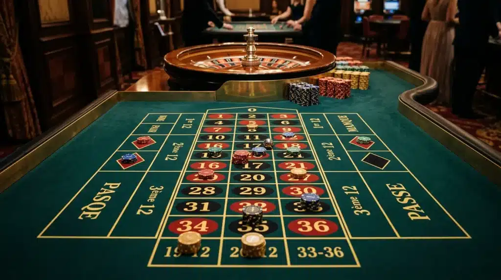 Table de roulette européenne avec jetons répartis sur les lignes du tapis