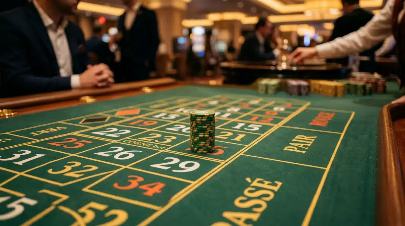 Jetons posés sur la bordure d'une ligne de numéros d'une table de roulette