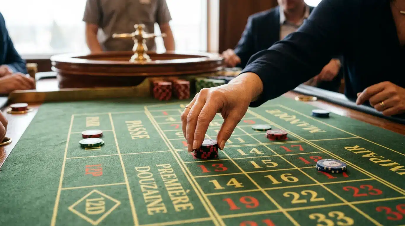 Main plaçant un jeton à l'intersection de deux rangées sur une table de roulette